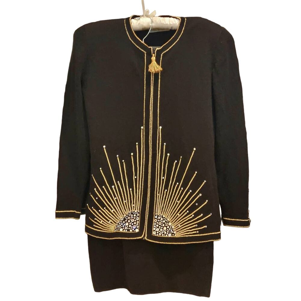 1980's Vintage Lillie Rubin 2 PC Skirt Suit Black & Gold with Rhinestones Size 8